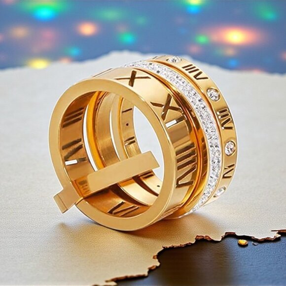 ๐ Modern Classic Roman Numeral Unisex Ring 18K Gold Plated Stainless Steel Sz 9 - Picture 12 of 13